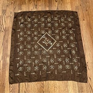 Vintage PRADA Milano Silk Satin Striped Logo Square Scarf Brown Beige (B4)
